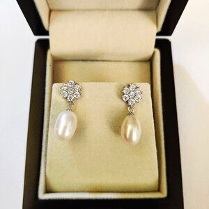 Sterling silver, zircon and pearl drop earrings